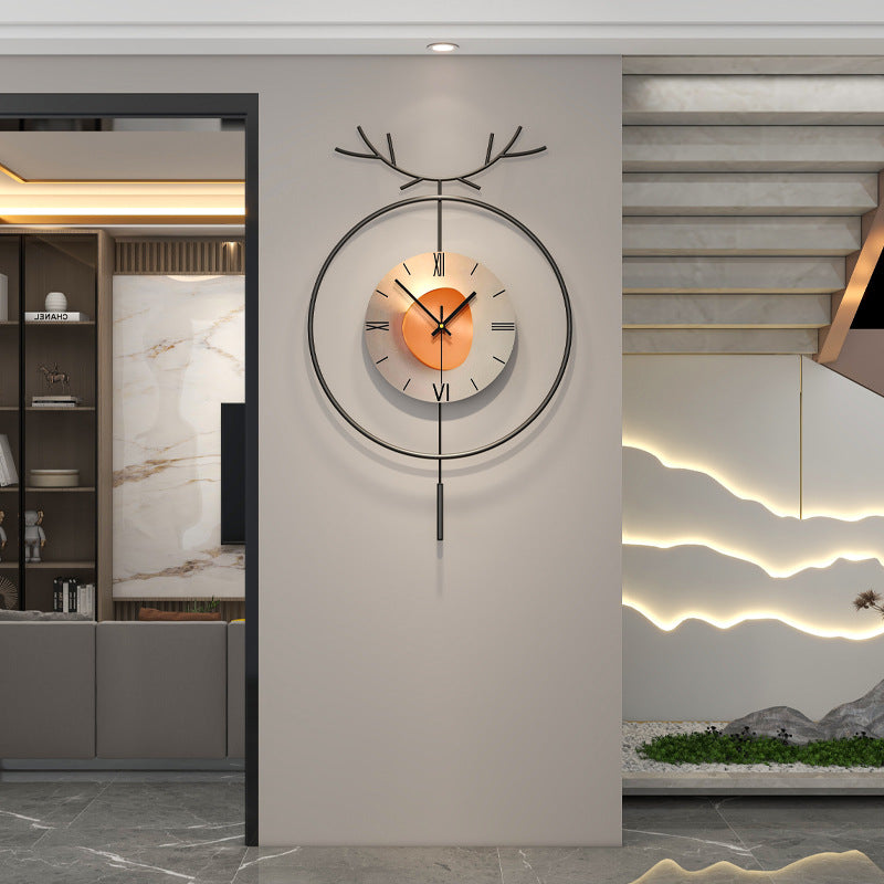 Elegant 3D round metal wall clock on a stylish living room wall.