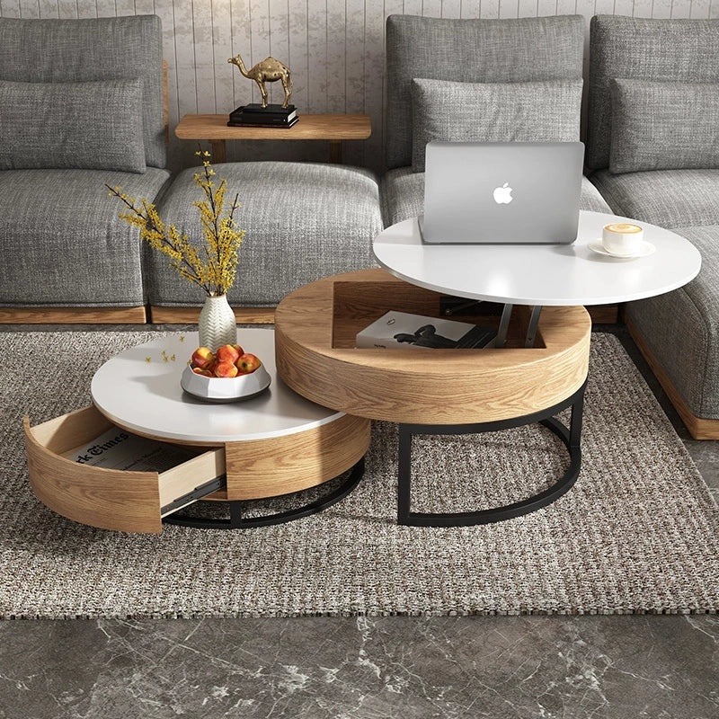 Lift top wood coffee table in a modern living room setting, showcasing its elegant design and functionality.