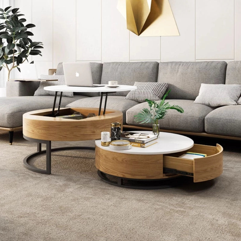 Lift top wood coffee table in a modern living room setting, showcasing its elegant design and functionality.
