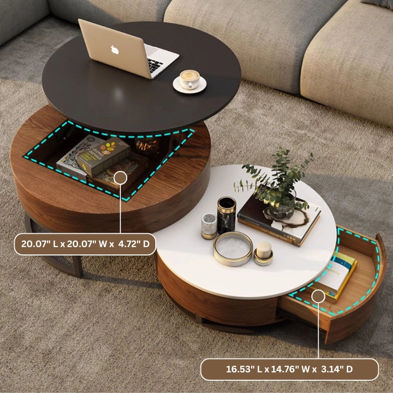 Close-up of the elegant wood coffee tables lift top feature, ideal for working or dining.