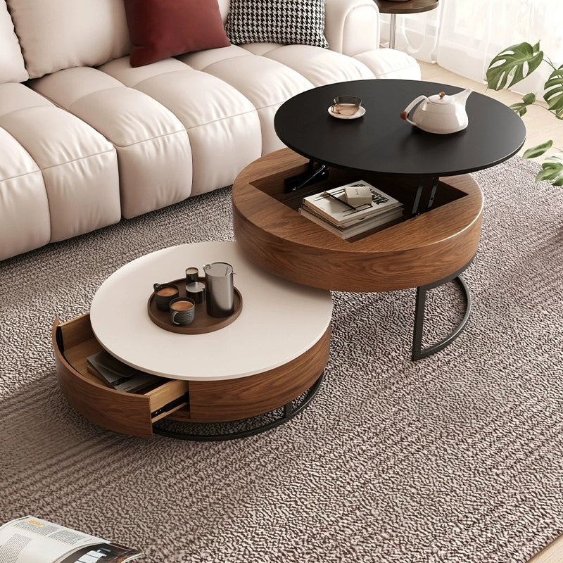 Lift top wood coffee table in a modern living room setting, showcasing its elegant design and functionality.