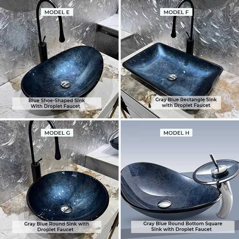 Stylish gray blue shoe-shaped tempered glass vessel sink for modern bathrooms.