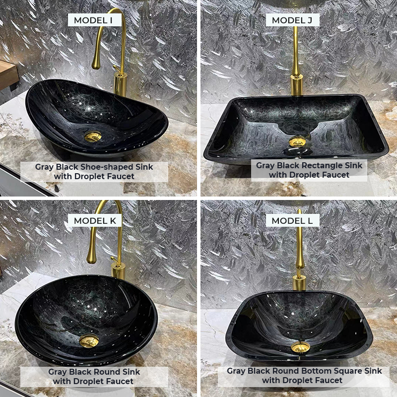 Elegant gray black round tempered glass wash basin with droplet faucet.