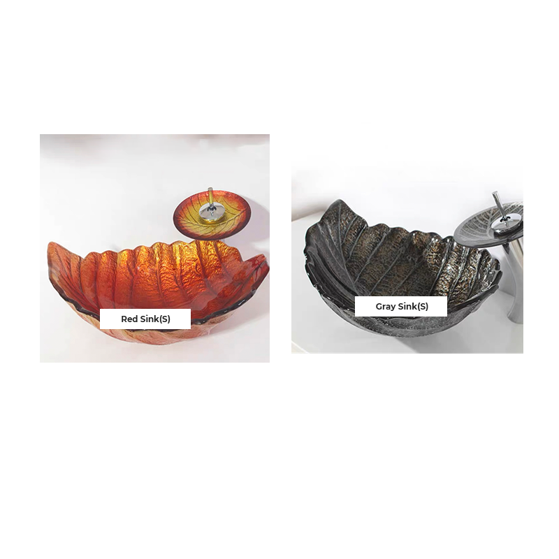 Artistic leaf-shaped tempered glass vessel sink from above, highlighting its intricate design.
