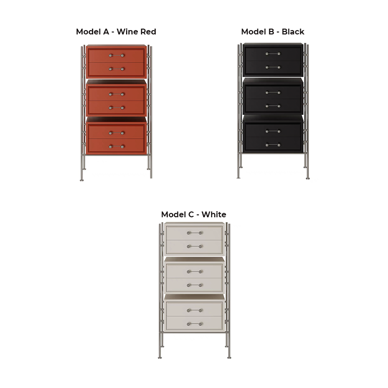 Sleek modern wood metal storage cabinet showcasing six drawers in a cozy bedroom setting.