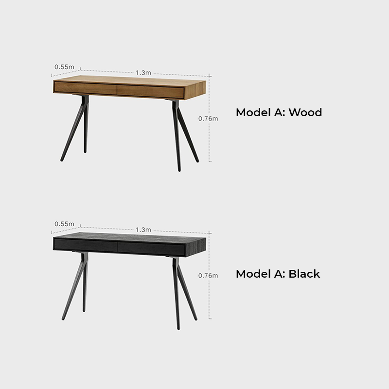 Side view of the minimalist desk highlighting the two spacious drawers.