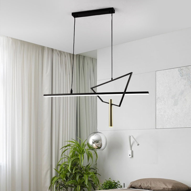 Nordic Black Geometric LED Pendant Light illuminating a modern bedroom.