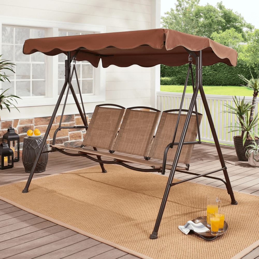 Sand Dune canopy swing from an angle, illustrating its adjustable canopy during sunny weather.