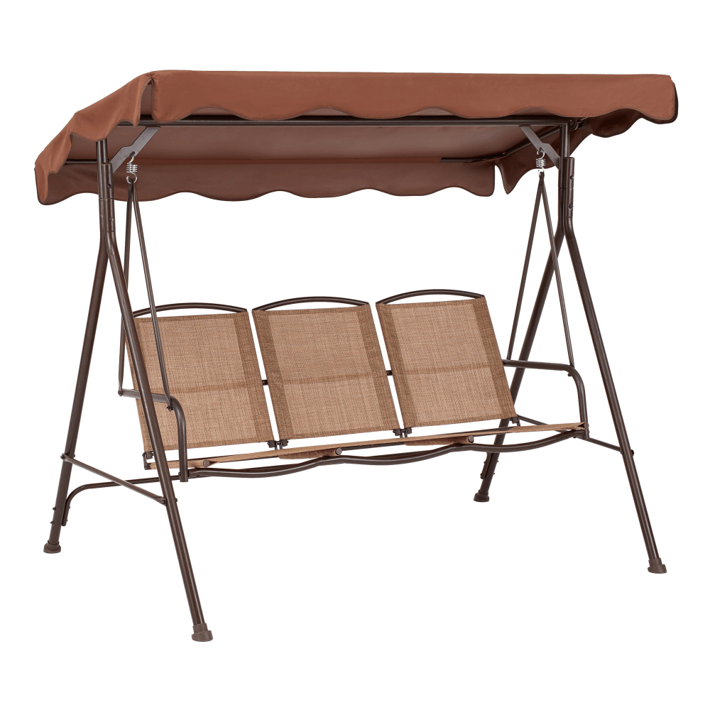 Relaxing on the Sand Dune porch swing in a beautifully landscaped garden, perfect for outdoor gatherings.