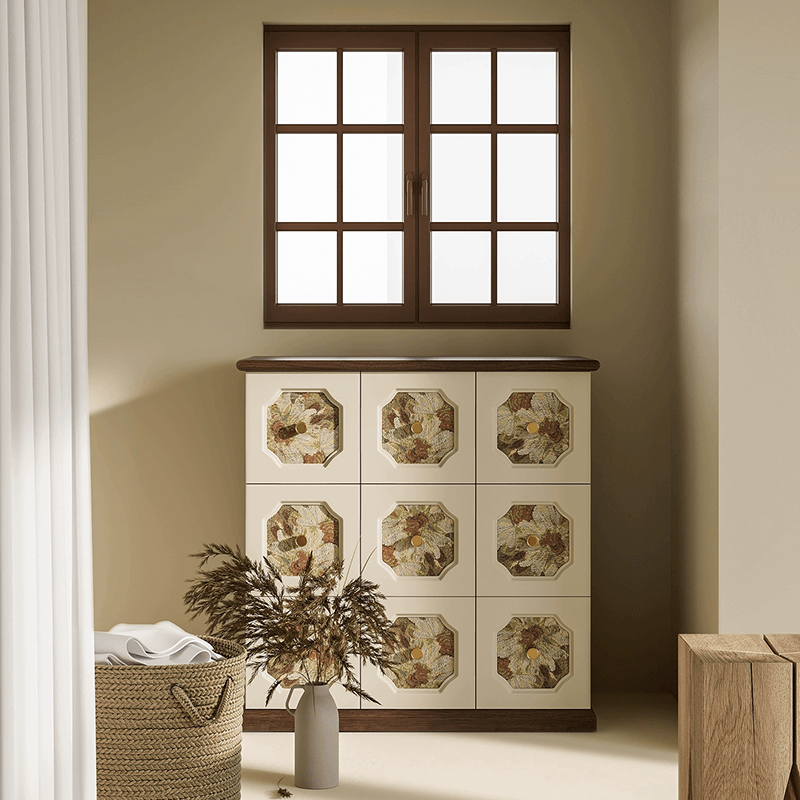 Side view of the cabinet styled in a vintage living room setting, ideal for home storage
