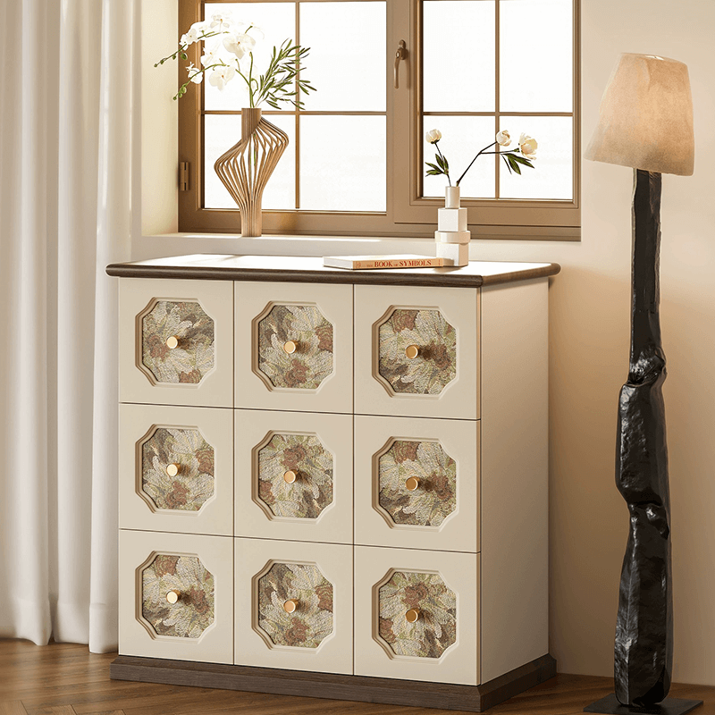 Side view of the cabinet styled in a vintage living room setting, ideal for home storage