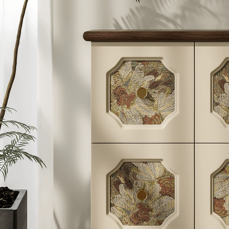 Side view of the cabinet styled in a vintage living room setting, ideal for home storage