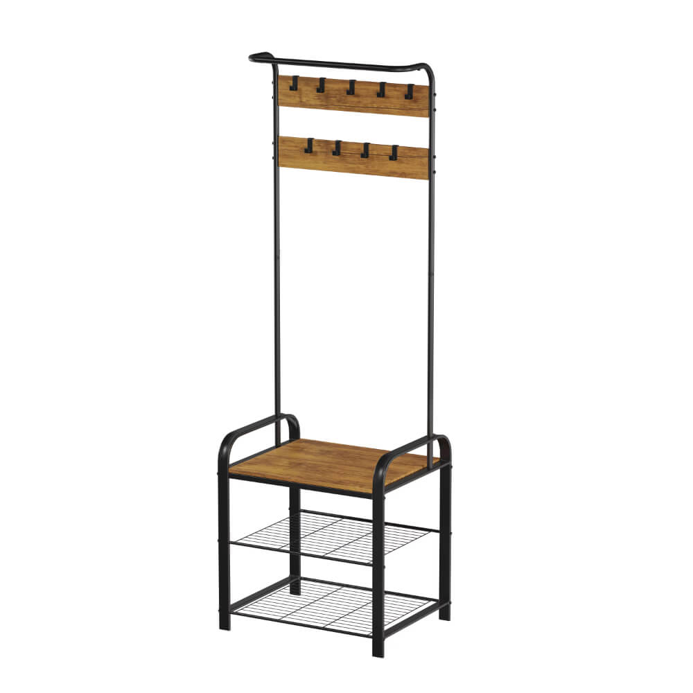 Close-up of the metal coat racks hooks, displaying jackets and scarves hanging neatly.