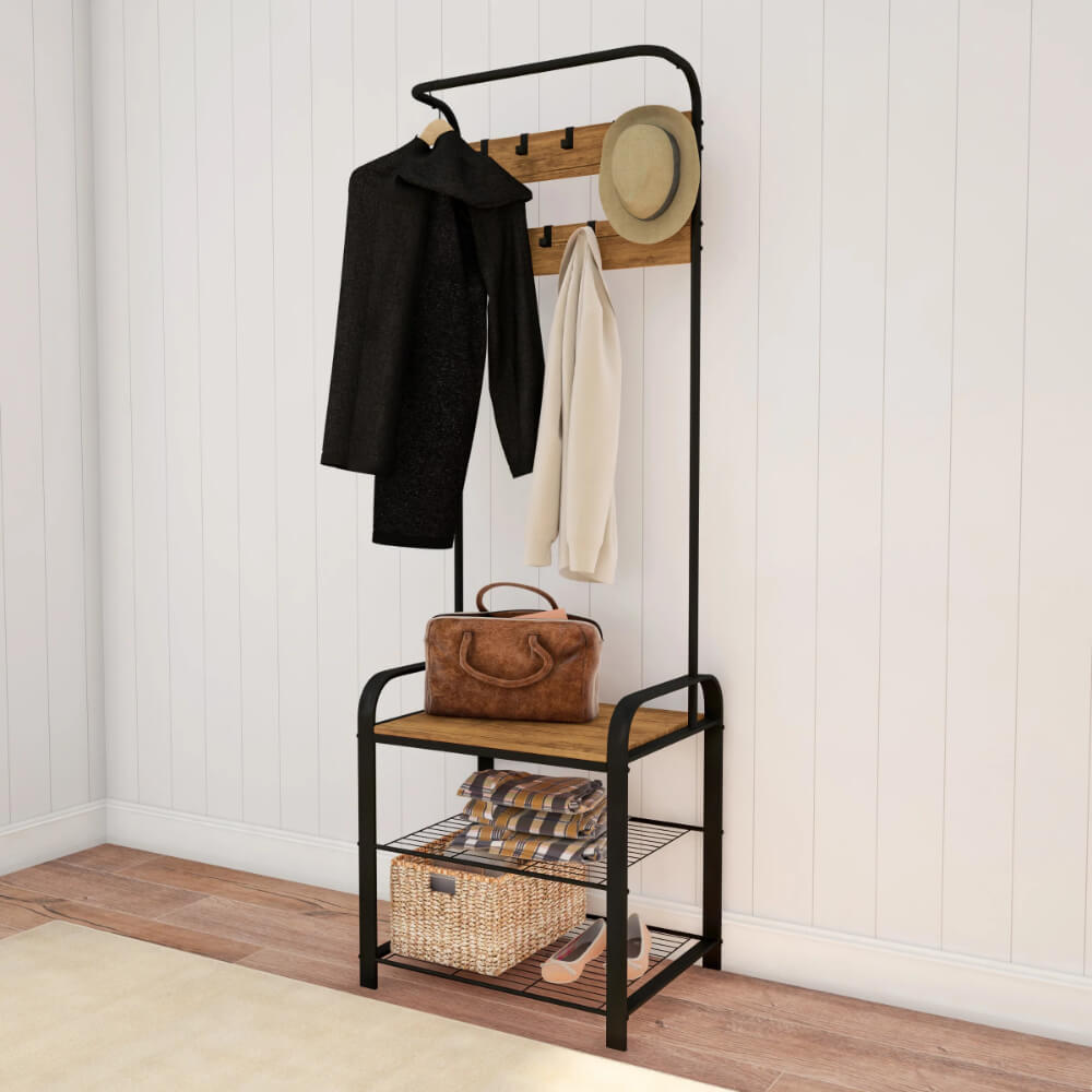 Entryway bench with coat rack showcasing hooks and wood grain finish from the side view.