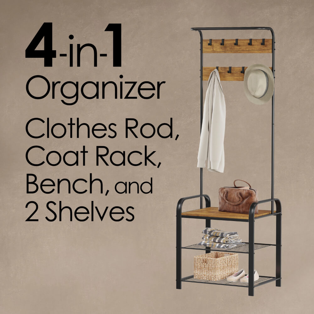 Close-up of the metal coat racks hooks, displaying jackets and scarves hanging neatly.