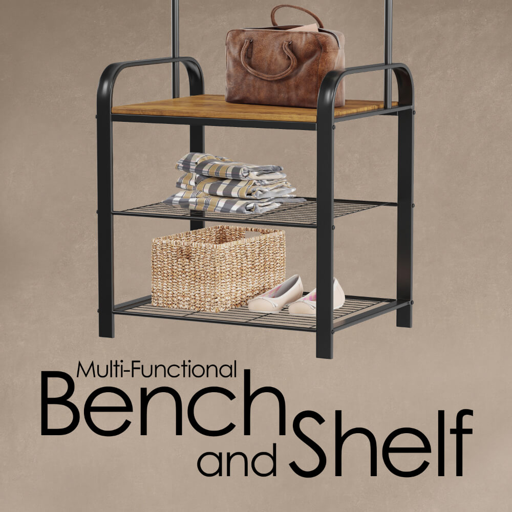 Full view of the rustic metal tree entryway bench in a modern hallway setting.