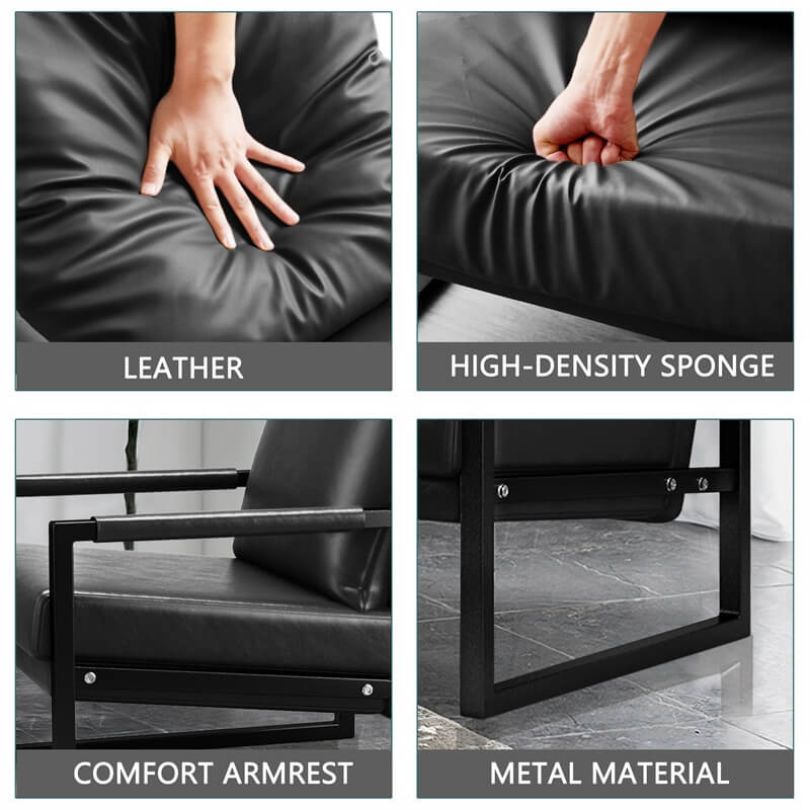 Stylish black PU leather chair placed in a modern living room setting, highlighting its design.