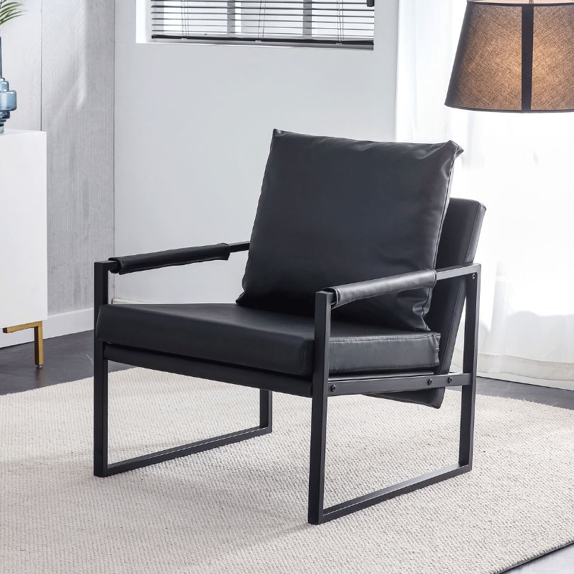 Black PU leather mid-century accent chair showcasing its sleek design from the front.
