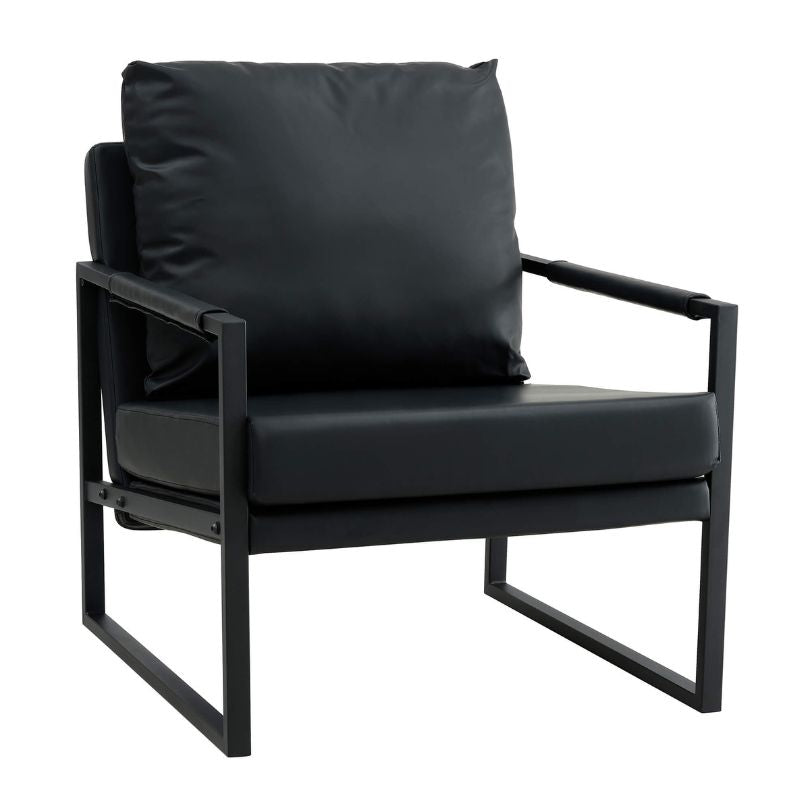 Black PU leather mid-century accent chair showcasing its sleek design from the front.