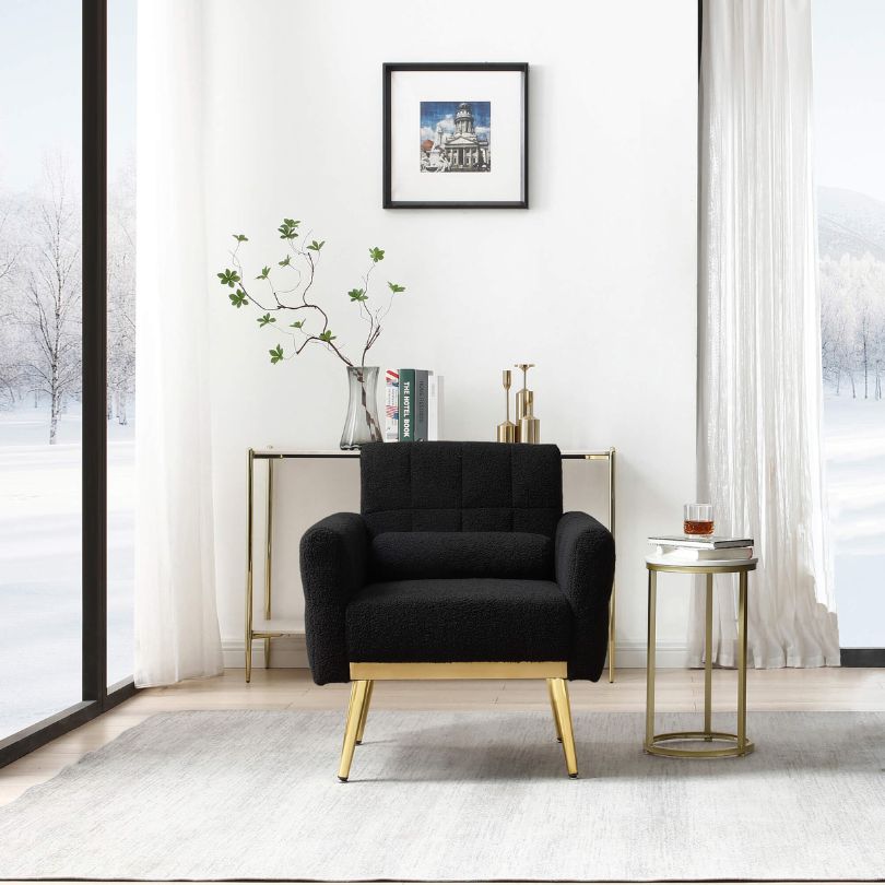 Side view of the Teddy Luxe Mid-Century Armchair showcasing its plush teddy fabric and supportive waist pillow.