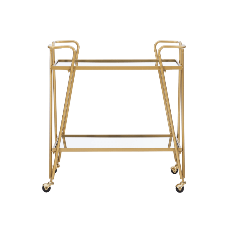Modern mirrored bar cart with wheels positioned in a cozy living room setting.