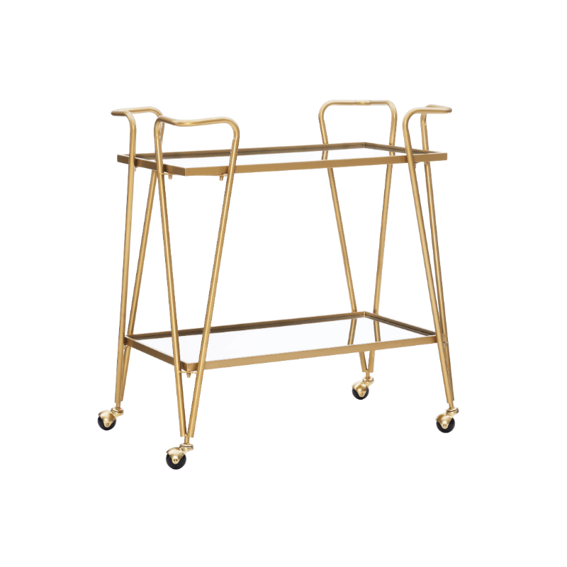Elegant gold mirrored bar cart showcasing bottles and glasses from the top angle.
