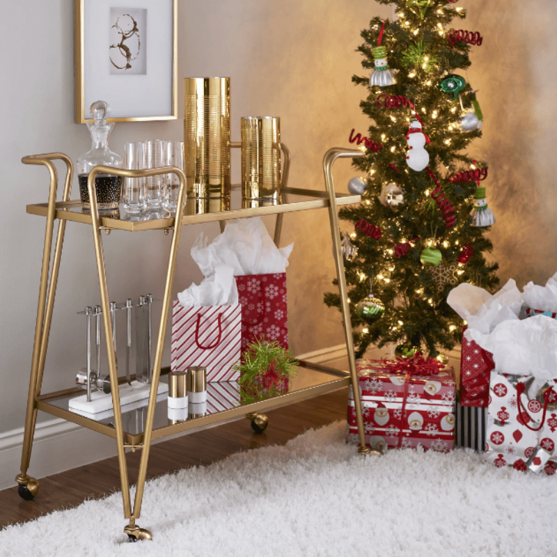 Close-up view of the gold bar carts spacious shelves and elegant design.