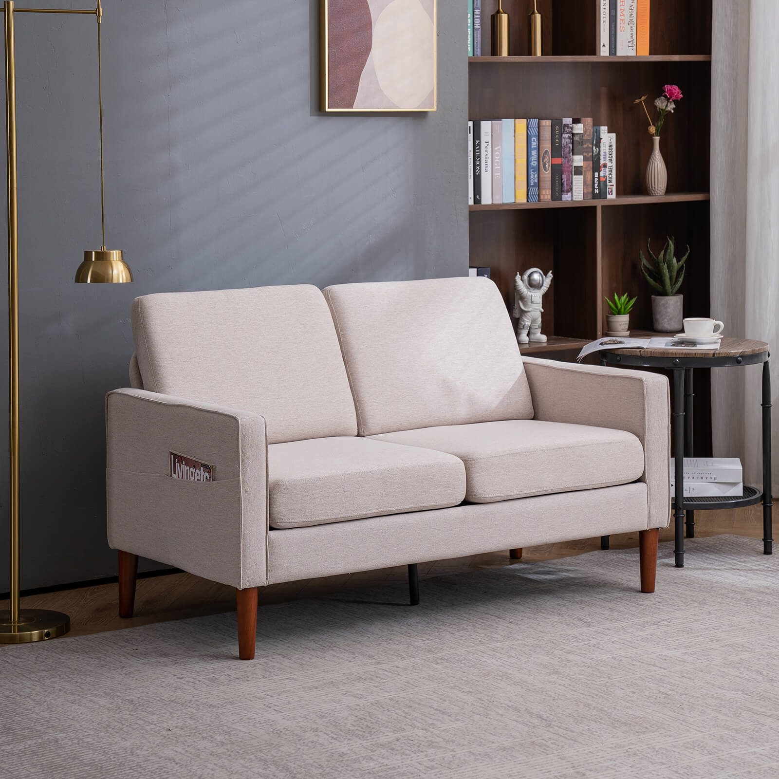 Mid-Century Modern Beige Loveseat showing its elegant design and firm cushions.