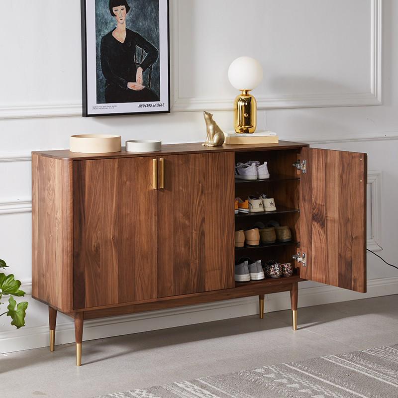 Front view of the stylish mid-century wooden shoe cabinet with three doors, showcasing its sleek design.