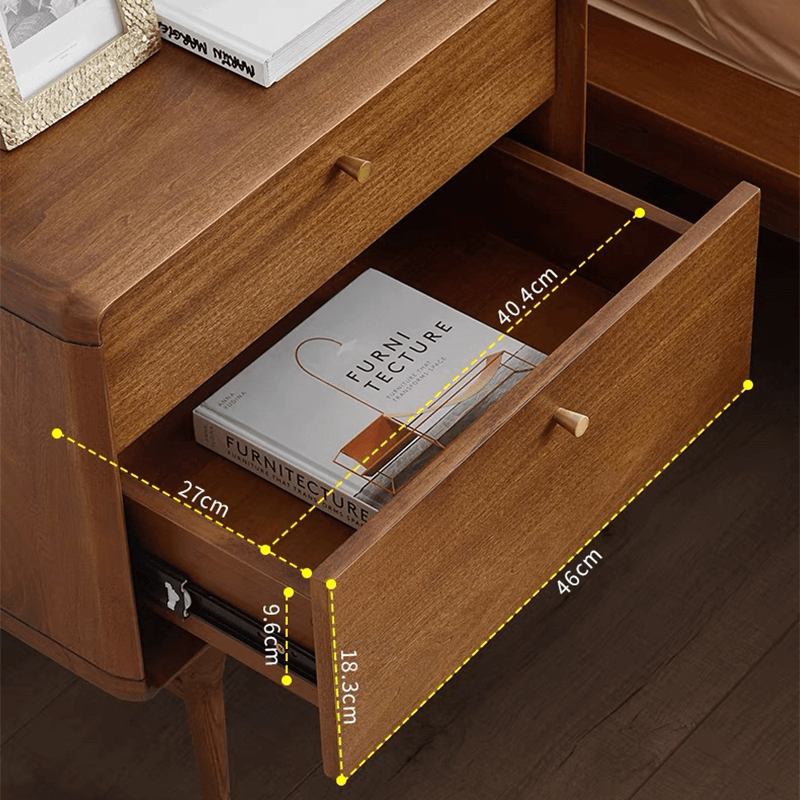 Close-up of drawer detail and matte black accents on nightstand