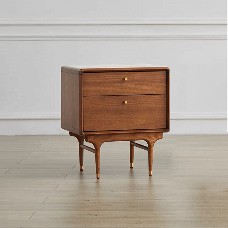 Close-up of drawer detail and matte black accents on nightstand