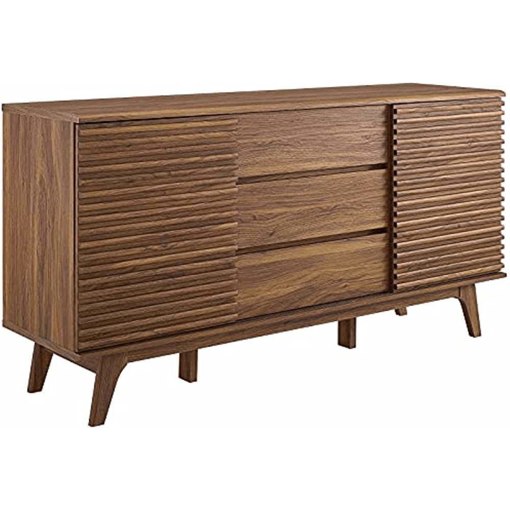 Mid-century walnut buffet table showcasing storage features from the side.