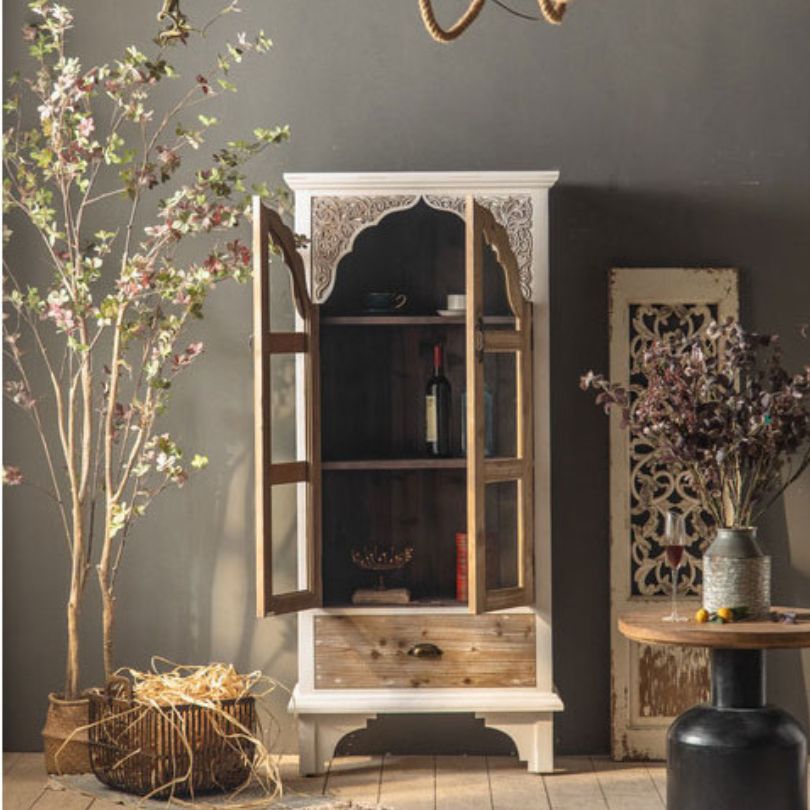 Side angle of the wood sideboard highlighting the detailed craftsmanship and storage features.