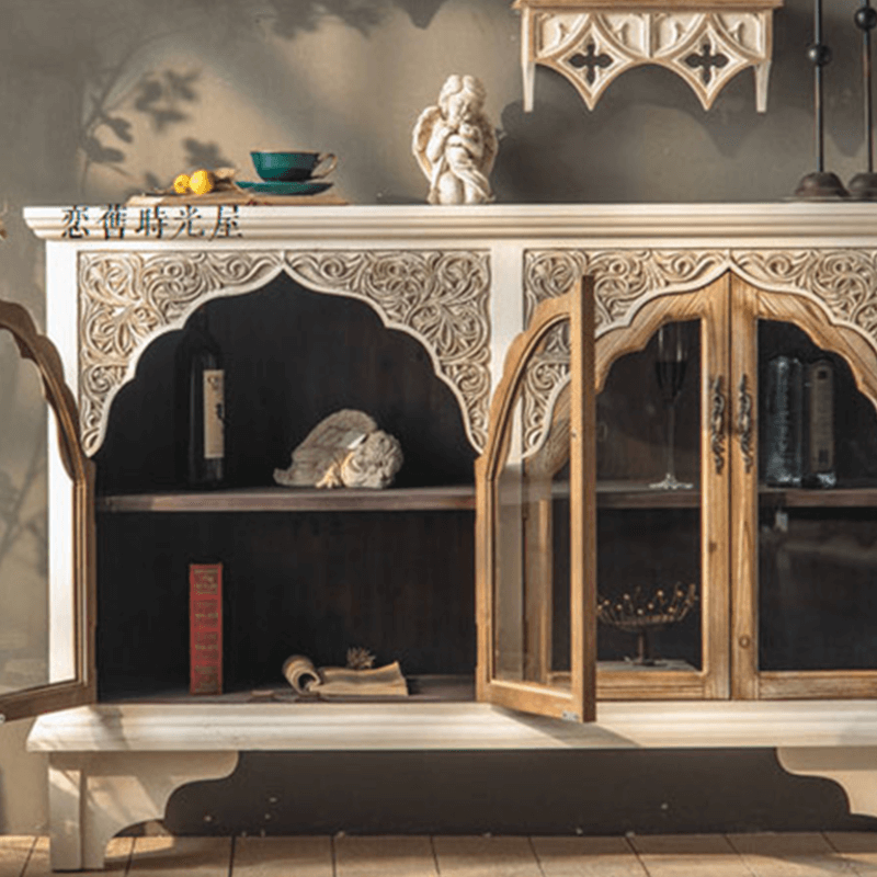 Interior view of the sideboard with decorative items, demonstrating its practical use in a dining room.