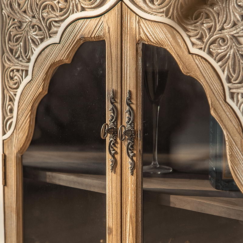 Side angle of the wood sideboard highlighting the detailed craftsmanship and storage features.
