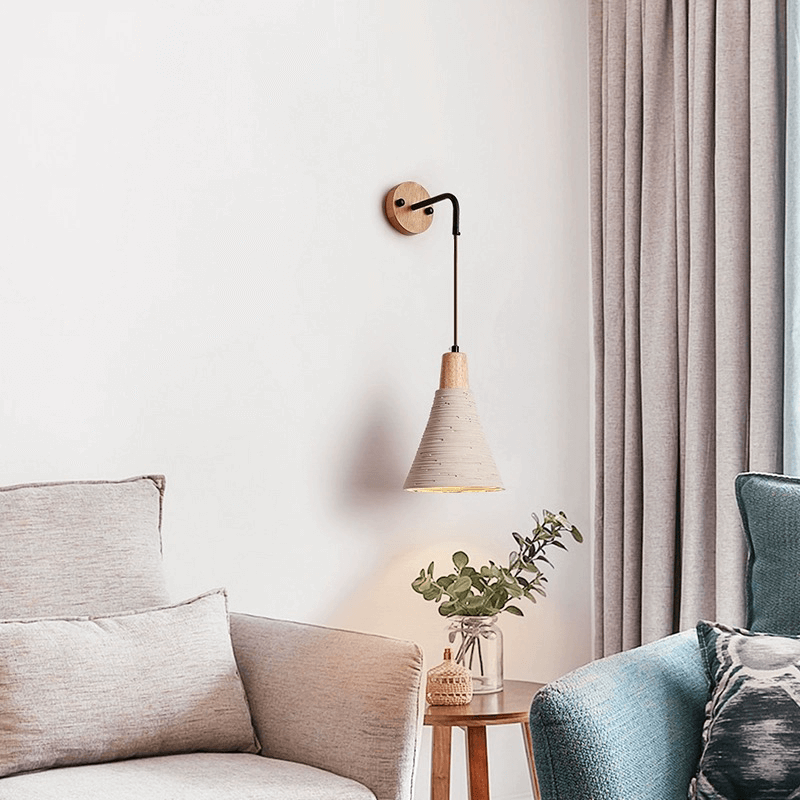 Elegant Mid-Century Wood Wall Sconce in a cozy living room setting