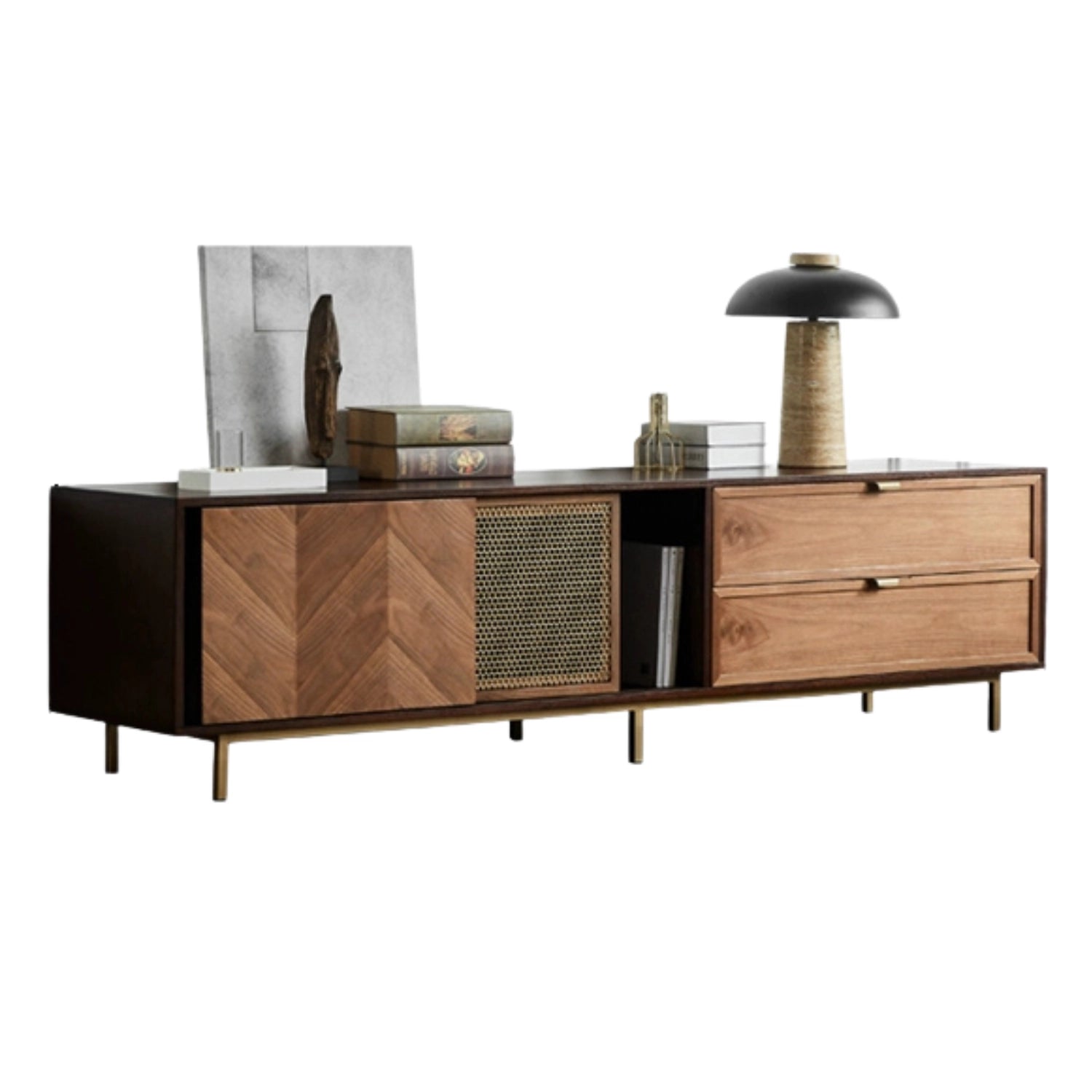 Front view of the stylish wooden TV cabinet with sliding doors