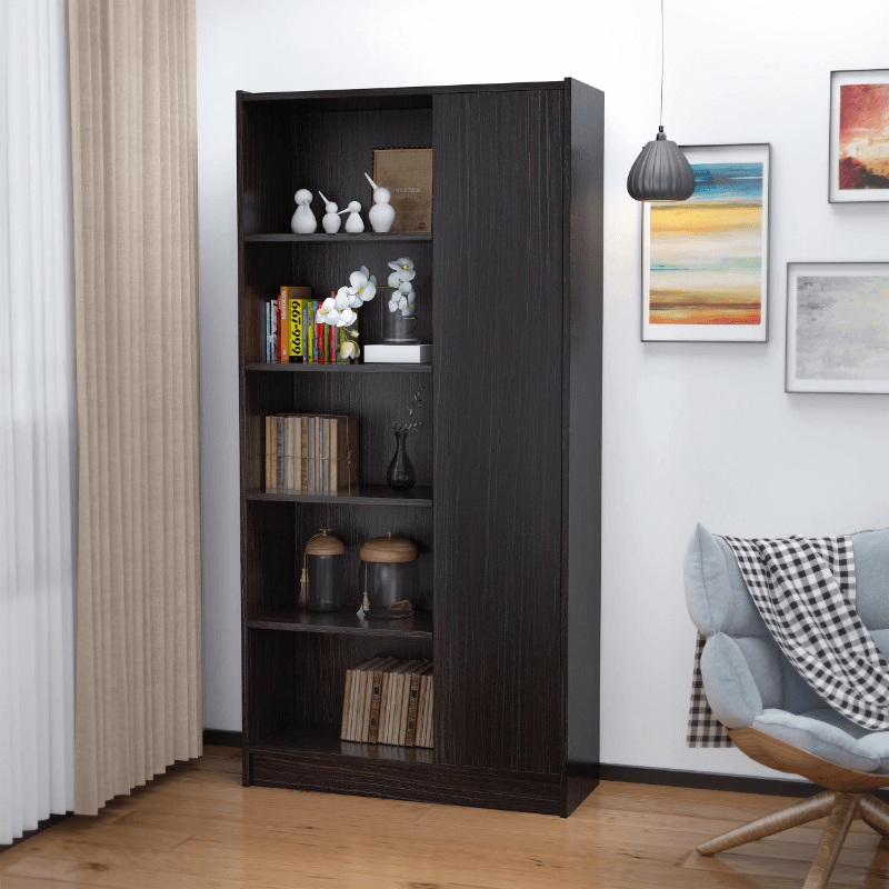 View of the mid-century wood bookcase showcasing open shelves and a closed-door section.