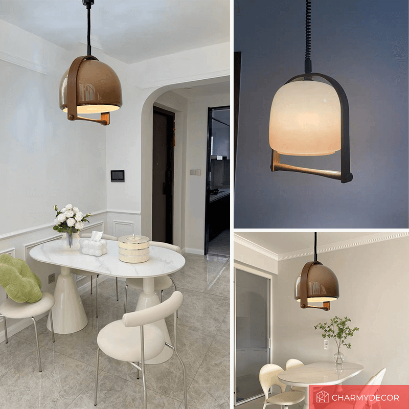 Timeless Mid-Century Dome Pendant Lamp showcasing adjustable suspension wire and warm lighting in a cozy living room setting.
