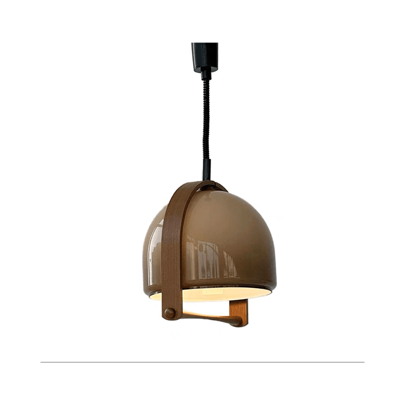 Close-up view of the Timeless Mid-Century Dome Pendant Lamp highlighting the teak wood and plastic materials.
