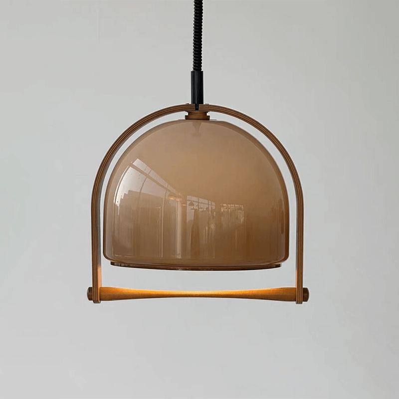 Close-up view of the Timeless Mid-Century Dome Pendant Lamp highlighting the teak wood and plastic materials.