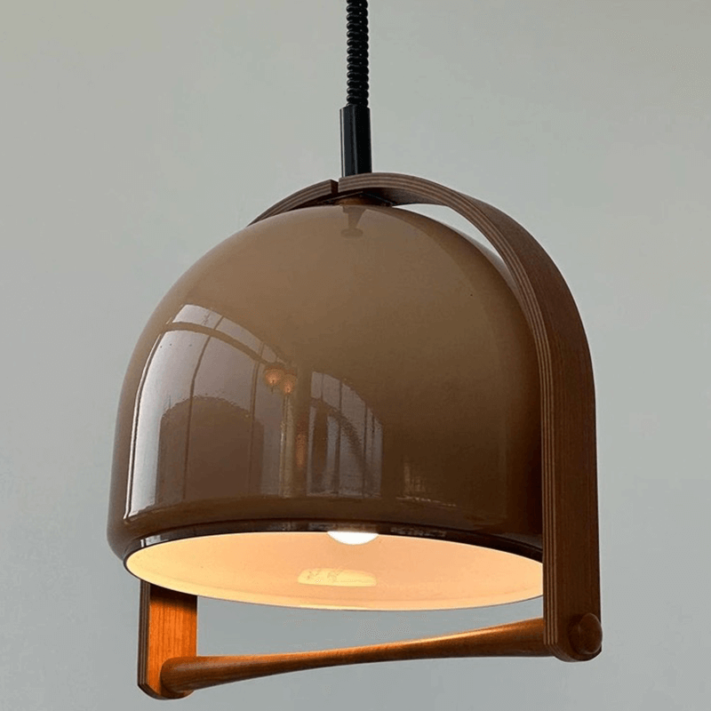 Close-up view of the Timeless Mid-Century Dome Pendant Lamp highlighting the teak wood and plastic materials.