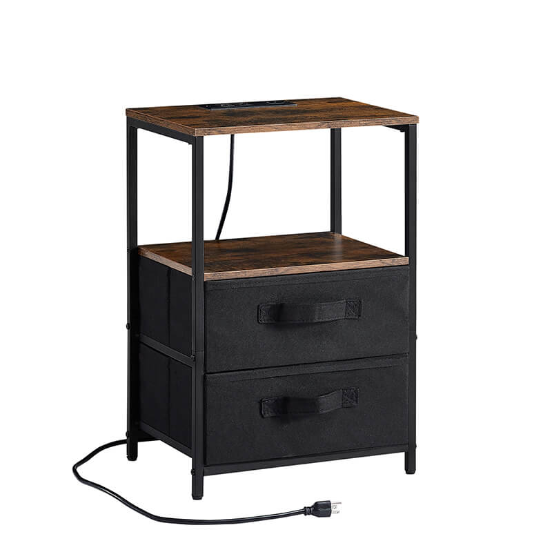 Side view of the modern bedside table with USB port and two drawers in a cozy bedroom.