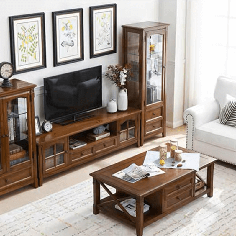 Interior view of the walnut display cabinet, highlighting the spacious shelves and drawers.