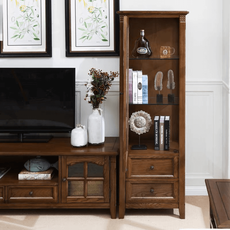 Interior view of the walnut display cabinet, highlighting the spacious shelves and drawers.