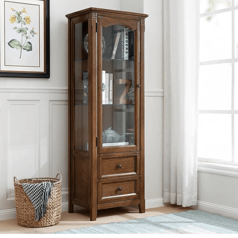 Side view of the stylish walnut cabinet showcasing its sleek design and glass doors.