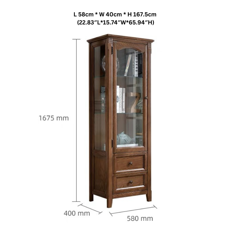 Side view of the stylish walnut cabinet showcasing its sleek design and glass doors.