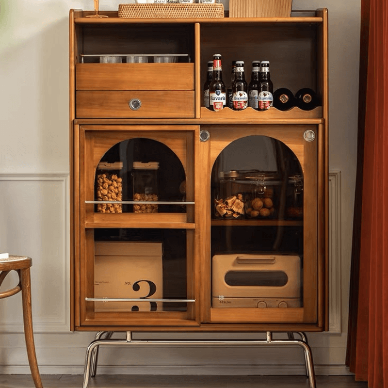 Front view of the elegant mid century modern wine cabinet showcasing its sleek design and storage options.