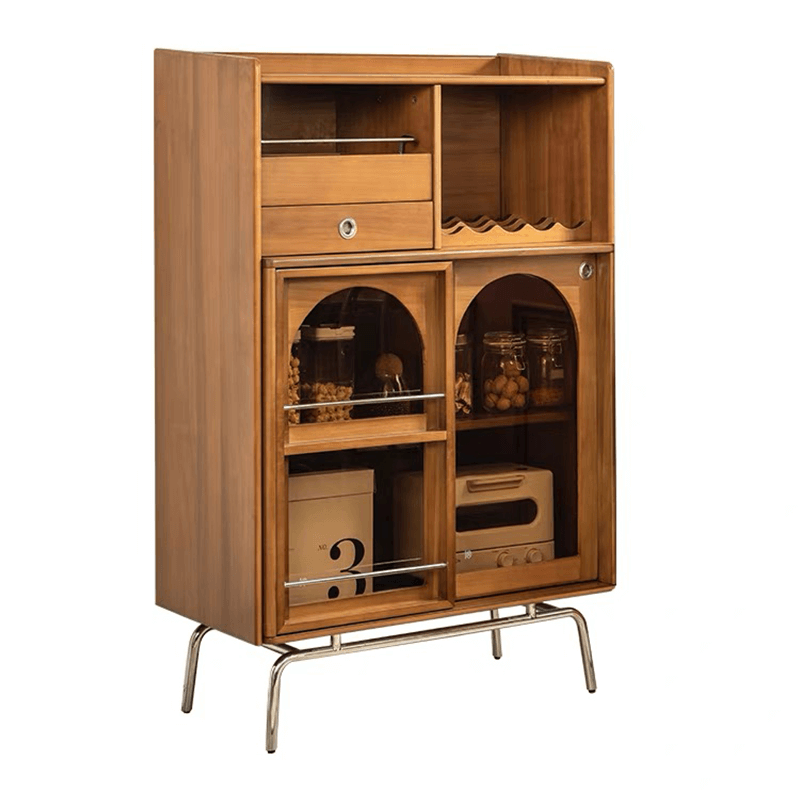 Close-up of the drawers and glass doors of the mid century modern wine cabinet highlighting its craftsmanship.