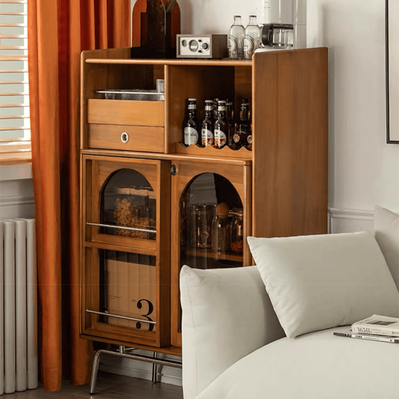 Front view of the elegant mid century modern wine cabinet showcasing its sleek design and storage options.